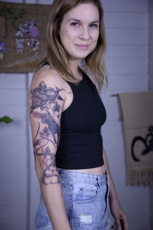 𝙄𝙂: 𝙣𝙖𝙩𝙚_𝙩𝙝𝙖𝙞𝙡𝙖𝙣𝙙 🌿Black and grey animals half sleeve tattoo with swan, black panther and sea snake by Baan Khagee Tattoo Chiang Mai, T at Baan Khagee Tattoo in Chiang Mai