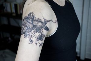 𝙄𝙂: 𝙣𝙖𝙩𝙚_𝙩𝙝𝙖𝙞𝙡𝙖𝙣𝙙 🌿 Blackwork swan tattoo and orchid flowers by Baan Khagee Tattoo Chiang Mai, Thailand  at Baan Khagee Tattoo in Chiang Mai