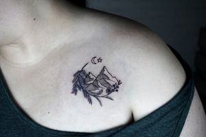 𝙄𝙂: 𝙣𝙖𝙩𝙚_𝙩𝙝𝙖𝙞𝙡𝙖𝙣𝙙 🌿 Black linework mountains tattoo with tamarind leaves - done by Nate, a Thai tattooer at Baan Khagee Tattoo Chiang M at Baan Khagee Tattoo in Chiang Mai