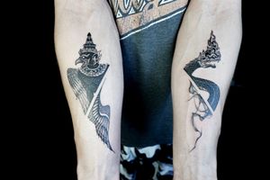 𝙄𝙂: 𝙣𝙖𝙩𝙚_𝙩𝙝𝙖𝙞𝙡𝙖𝙣𝙙 🌿 Blackwork Thai Krut and Naga tattoo by a Thai tattoo artist in Chiang Mai, Thailand  at Baan Khagee Tattoo in Chiang Mai