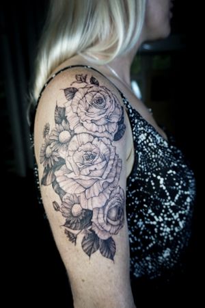 IG: nate_thailand 🌿 Blackwork fine line roses tattoo at Baan Khagee Tattoo Chiang Mai, Thailand at Baan Khagee Tattoo in Chiang Mai
