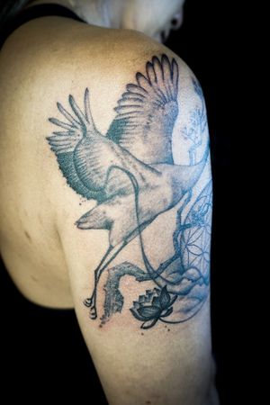 𝙄𝙂: 𝙣𝙖𝙩𝙚_𝙩𝙝𝙖𝙞𝙡𝙖𝙣𝙙 🌿 Blackwork crane bird tattoo with abstract flow by a Thai tattoo artist in Chiang Mai at Baan Khagee Tattoo in Chiang Mai