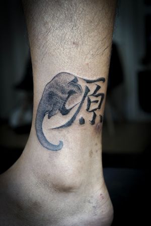 𝙄𝙂: 𝙣𝙖𝙩𝙚_𝙩𝙝𝙖𝙞𝙡𝙖𝙣𝙙 🌿 Blackwork realistic elephant tattoo with Chinese character by Baan Khagee Tattoo Chiang Mai, Thailand  at Baan Khagee Tattoo in Chiang Mai