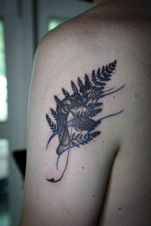 𝙄𝙂: 𝙣𝙖𝙩𝙚_𝙩𝙝𝙖𝙞𝙡𝙖𝙣𝙙 🌿 Blackwork fern leaves and Thai Naga tattoo with blue fire and flow by Chiang Mai tattoo artist  at Baan Khagee Tattoo in Chiang Mai