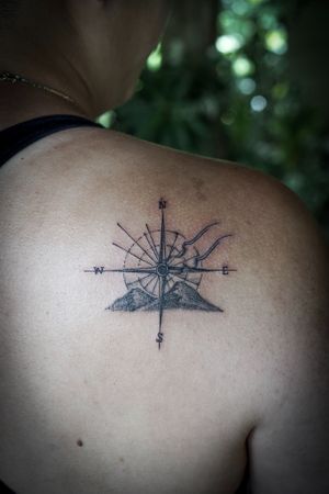 𝙄𝙂: 𝙣𝙖𝙩𝙚_𝙩𝙝𝙖𝙞𝙡𝙖𝙣𝙙 🌿 Minimal compass and mountains tattoo by Baan Khagee Tattoo Chiang Mai, Thailand at Baan Khagee Tattoo in Chiang Mai