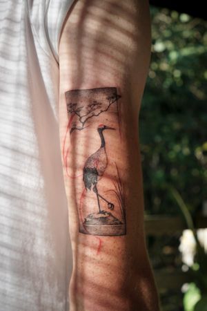 𝙄𝙂: 𝙣𝙖𝙩𝙚_𝙩𝙝𝙖𝙞𝙡𝙖𝙣𝙙 🌿 Japanese crane tattoo with pine tree and flow by Thai tattoo artist in Chiang Mai, Thailand at Baan Khagee Tattoo in Chiang Mai