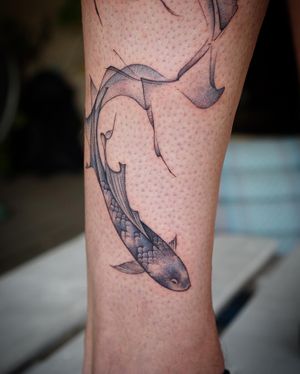 𝙄𝙂: 𝙣𝙖𝙩𝙚_𝙩𝙝𝙖𝙞𝙡𝙖𝙣𝙙 🍃 Flowing blue Koi fish by a Thai tattoo artist in Chiang Mai, Thailand   at Baan Khagee Tattoo in Chiang Mai