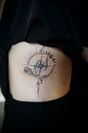 𝙄𝙂: 𝙣𝙖𝙩𝙚_𝙩𝙝𝙖𝙞𝙡𝙖𝙣𝙙 🍃 Fine line compass tattoo with mountains and moon phrases by Baan Khagee Tattoo Chiang Mai, Thailand at Baan Khagee Tattoo in Chiang Mai
