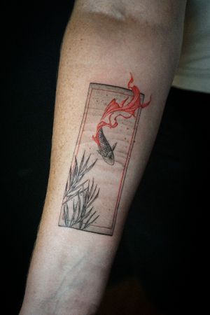 𝙄𝙂: 𝙣𝙖𝙩𝙚_𝙩𝙝𝙖𝙞𝙡𝙖𝙣𝙙 🍃 Koi fish tattoo with abstract red flow and Asian scene by Baan Khagee Tattoo Chiang Mai, Thailand at Baan Khagee Tattoo in Chiang Mai