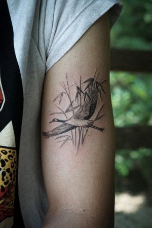 𝙄𝙂: 𝙣𝙖𝙩𝙚_𝙩𝙝𝙖𝙞𝙡𝙖𝙣𝙙 🍃 Japanese crane bird tattoo with bamboo by Baan Khagee Tattoo Chiang Mai, Thailand at Baan Khagee Tattoo in Chiang Mai