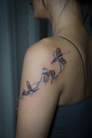 𝙄𝙂: 𝙣𝙖𝙩𝙚_𝙩𝙝𝙖𝙞𝙡𝙖𝙣𝙙 🍃 Flying Black billed magpie bird tattoo on abstract flight by a Thai tattoo artist in Chiang Mai, Thailand at Baan Khagee Tattoo in Chiang Mai