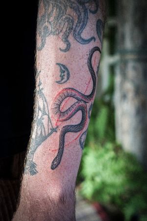 𝙄𝙂: 𝙣𝙖𝙩𝙚_𝙩𝙝𝙖𝙞𝙡𝙖𝙣𝙙 🍃 Snake tattoo with abstract flow done by Baan Khagee Tattoo Chiang Mai, Thailand at Baan Khagee Tattoo in Chiang Mai