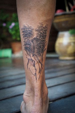 𝙄𝙂: 𝙣𝙖𝙩𝙚_𝙩𝙝𝙖𝙞𝙡𝙖𝙣𝙙 🍃 Blackwork elephant tattoo in the forest by Baan Khagee Tattoo Chiang Mai, Thailand at Baan Khagee Tattoo in Chiang Mai