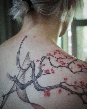 𝙄𝙂: 𝙣𝙖𝙩𝙚_𝙩𝙝𝙖𝙞𝙡𝙖𝙣𝙙 🍃 Close up of abstract Cherry blossom tattoo by Baan Khagee Tattoo Chiang Mai, Thailand at Baan Khagee Tattoo in Chiang Mai
