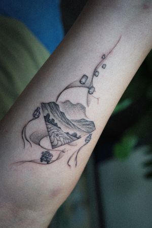 𝙄𝙂: 𝙣𝙖𝙩𝙚_𝙩𝙝𝙖𝙞𝙡𝙖𝙣𝙙 🍃 Chiang Mai scenery tattoo on forearm done by a Thai tattoo artist in Chiang Mai, Thailand  at Baan Khagee Tattoo in Chiang Mai