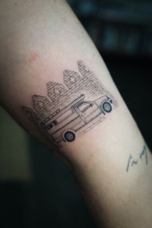 𝙄𝙂: 𝙣𝙖𝙩𝙚_𝙩𝙝𝙖𝙞𝙡𝙖𝙣𝙙 🍃 Chiang Mai red truck tattoo with old wall by Baan Khagee Tattoo Chiang Mai, Thailand at Baan Khagee Tattoo in Chiang Mai