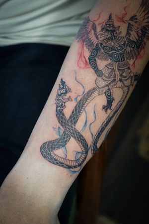 𝙄𝙂: 𝙣𝙖𝙩𝙚_𝙩𝙝𝙖𝙞𝙡𝙖𝙣𝙙 🍃 Blackwork Thai Naga tattoo by a Thai tattooist in Chiang Mai, Thailand  at Baan Khagee Tattoo in Chiang Mai