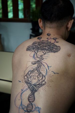 𝙄𝙂: 𝙣𝙖𝙩𝙚_𝙩𝙝𝙖𝙞𝙡𝙖𝙣𝙙 🍃 Fine line tree tattoo with DNA and galaxy on the back by Baan Khagee Tattoo Chiang Mai, Thailand at Baan Khagee Tattoo in Chiang Mai