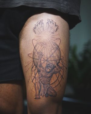 𝙄𝙂: 𝙣𝙖𝙩𝙚_𝙩𝙝𝙖𝙞𝙡𝙖𝙣𝙙 🍃 Fine line realism Atlas tattoo with healing hands on the thigh by Baan Khagee Tattoo Chiang Mai, Thailand at Baan Khagee Tattoo in Chiang Mai