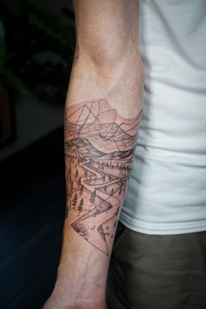 𝙄𝙂: 𝙣𝙖𝙩𝙚_𝙩𝙝𝙖𝙞𝙡𝙖𝙣𝙙 🍃 Fine line nature scene tattoo on the forearm by Baan Khagee Tattoo Chiang Mai, Thailand at Baan Khagee Tattoo in Chiang Mai