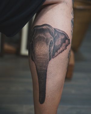 𝙄𝙂: 𝙣𝙖𝙩𝙚_𝙩𝙝𝙖𝙞𝙡𝙖𝙣𝙙 🍃 Realistic Thai elephant tattoo on the back calf by Baan Khagee Tattoo Chiang Mai, Thailand at Baan Khagee Tattoo in Chiang Mai