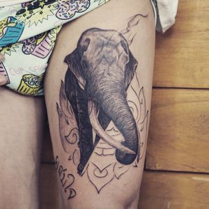 𝙄𝙂: 𝙣𝙖𝙩𝙚_𝙩𝙝𝙖𝙞𝙡𝙖𝙣𝙙 🌿 Realistic elephant tattoo with Thai art - Baan Khagee Tattoo Chiang Mai, Thailand at Baan Khagee Tattoo in Chiang Mai