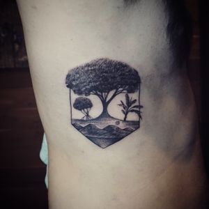 𝙄𝙂: 𝙣𝙖𝙩𝙚_𝙩𝙝𝙖𝙞𝙡𝙖𝙣𝙙 🌿 Blackwork tree and mountains tattoo at Baan Khagee Tattoo Chiang Mai, Thailand at Baan Khagee Tattoo in Chiang Mai