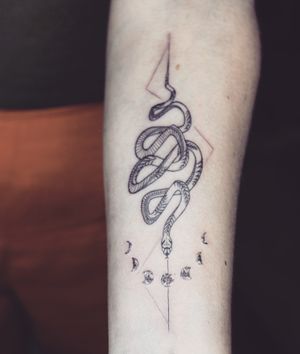 𝙄𝙂: 𝙣𝙖𝙩𝙚_𝙩𝙝𝙖𝙞𝙡𝙖𝙣𝙙 🌿 Line work snake tattoo with moon phrases at Baan Khagee Tattoo Chiang Mai, Thailand at Baan Khagee Tattoo in Chiang Mai