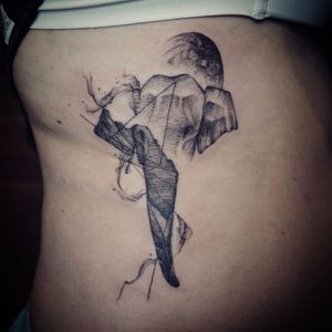 𝙄𝙂: 𝙣𝙖𝙩𝙚_𝙩𝙝𝙖𝙞𝙡𝙖𝙣𝙙 🌿 Realistic elephant tattoo integrated with mountains and moon at Baan Khagee Tattoo Chiang Mai, Thailand at Baan Khagee Tattoo in Chiang Mai