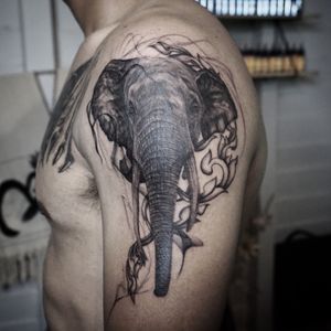 𝙄𝙂: 𝙣𝙖𝙩𝙚_𝙩𝙝𝙖𝙞𝙡𝙖𝙣𝙙 🌿 Ethereal half African half Asian elephant tattoo with Thai art at Baan Khagee Tattoo Chiang Mai, Thailand at Baan Khagee Tattoo in Chiang Mai