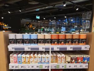 Vegan cappuccino and cooking and whipping cream options. Photo by: VGN FCTRY on Facebook at Maximarket Mercator in Ljubljana
