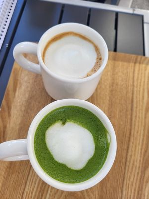 Matcha soy yuzu cbd latte and coffee soy latte at HealthyTOKYO CBD Shop & Cafe - Harajuku in Tokyo