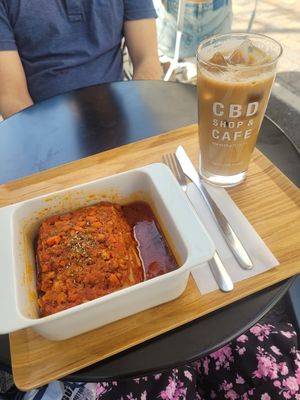Vegan lasagna and soy latte at HealthyTOKYO CBD Shop & Cafe - Harajuku in Tokyo