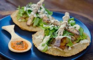 Fiesta
Fresh tomato,onion,mexican spice, refried bean, sweet potato strip and lettuce. Served with special garlic sauce and home-made hot sauce at Fresh Bites in Coron