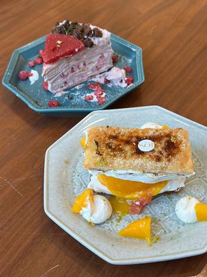 Mango Mille feuille and raspberry and chocolate Mille crepe  at SOi in Tainan
