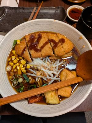 Shoyu ramen with vegan schnitzel: 4/5 Miso ramen was tastier. Schnitzel was tasty but maybe not worth the cost. at Takumi NINE - Sapporo in Berlin