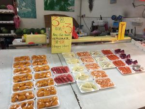 Fresh cut fruits on display at AMK Durian Man in Northeast Singapore