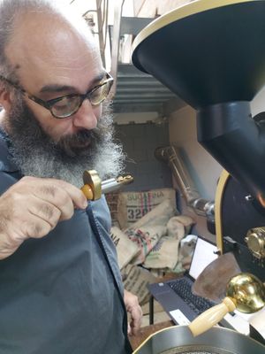 Roaster and barista Stephen. at Slowwings in Ieper