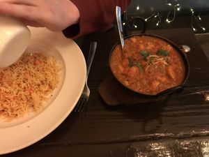 Soya chunks curry and pilau rice at 1580 in Birmingham