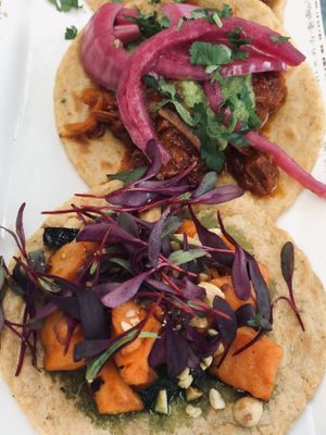 Sweet Potato (front) and Pibil Jackfruit (back) on Corn Tortilla at Taco Guild in Phoenix