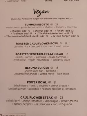 Vegan section on main menu at Spritz City Bistro in Stuart