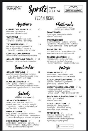 Vegan menu at Spritz City Bistro in Stuart