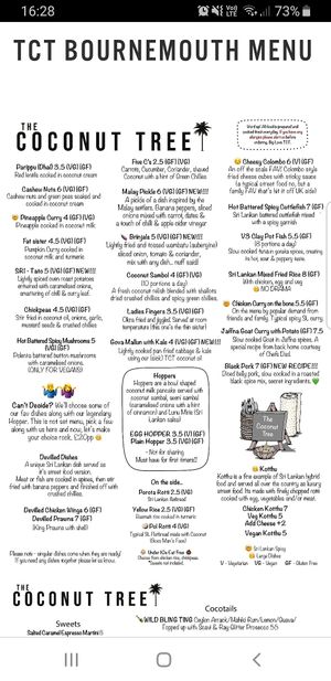 Menu in Jan 2020. at The Coconut Tree in Bournemouth