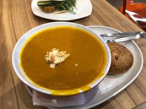 Roasted pumpkin soup and Falafel with hummus flat bread at The Soup Spoon - AMK in Northeast Singapore