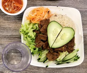 Radiant Rice Plate with beefless proteins, pickled diakon carrots, cucumbers, lettuce, and homemade sauce! at Loving Hut - E Southern Ave in Tempe