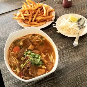 Traditional Vietnamese Spice Noodle Soup with a side of Fries! at Loving Hut - E Southern Ave in Tempe