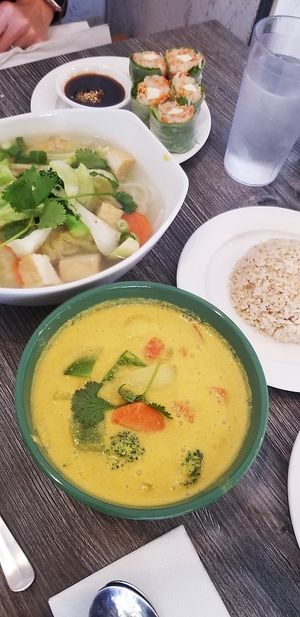 Save the Planet Curry, Spring Rolls, Gluten Free Pho, and brown rice! What a feast! at Loving Hut - E Southern Ave in Tempe