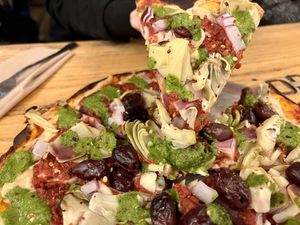 Mediterranean pizza  at Dead Bird Brewing in Milwaukee