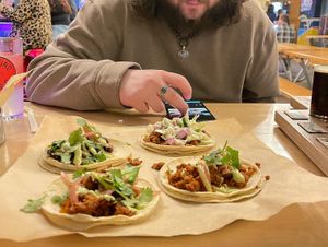 Vegan tacos. The BBQ, the black bean, the vegan beef, and chik’kin  at Dead Bird Brewing in Milwaukee