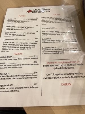The food menu  at Dead Bird Brewing in Milwaukee